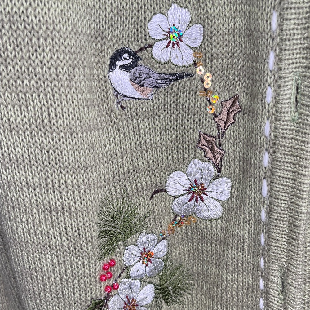 Vintage Blair Olive Embroidered Cardigan Grandmacore Holiday Birds Size Large - Picture 5 of 8
